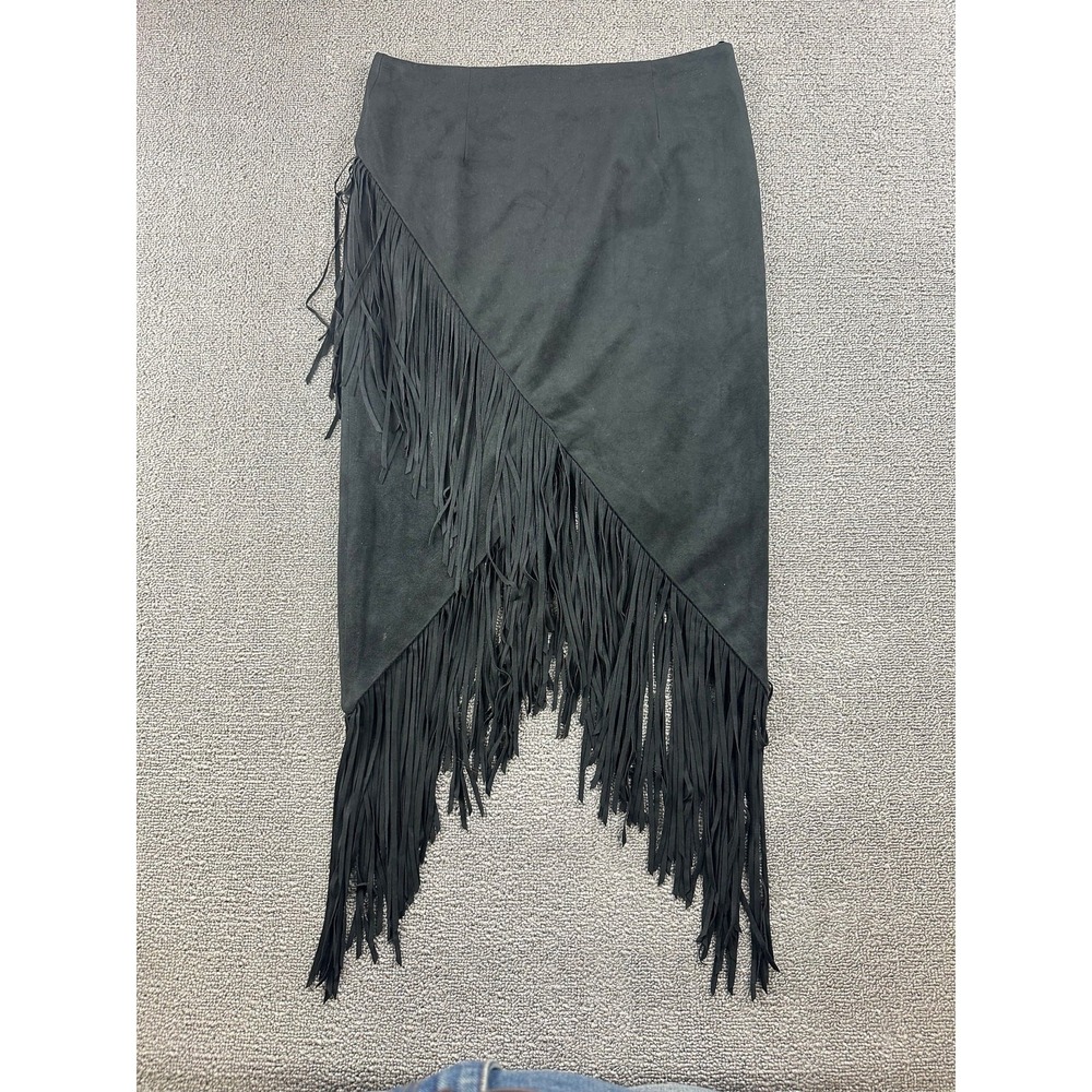 Olivaceous Skirt Women S Black Fringe Asymmetrical Midi Pencil Bohemian Festival